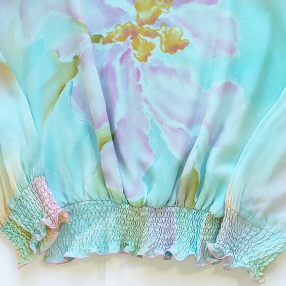 Yolanda Lorente Hand Painted Pastel Floral Silk Blouse Flowy Chiffon Small - Picture 9 of 13